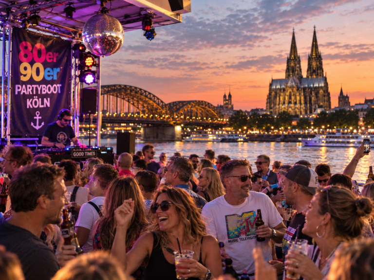 Feiernde Gäste auf dem 80er/90er-Partyboot vor dem Kölner Dom