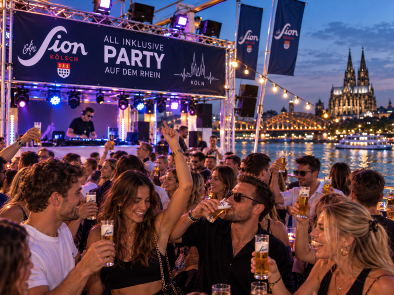 Feiernde Gäste auf dem Sion-Partyboot mit Blick auf den Kölner Dom