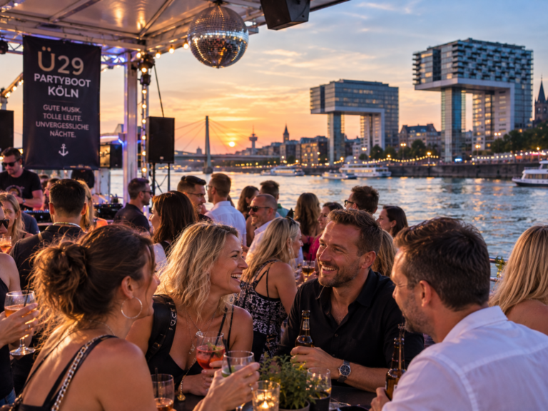 Feiernde Gäste auf dem Ü29-Partyboot im Abendlicht auf dem Rhein